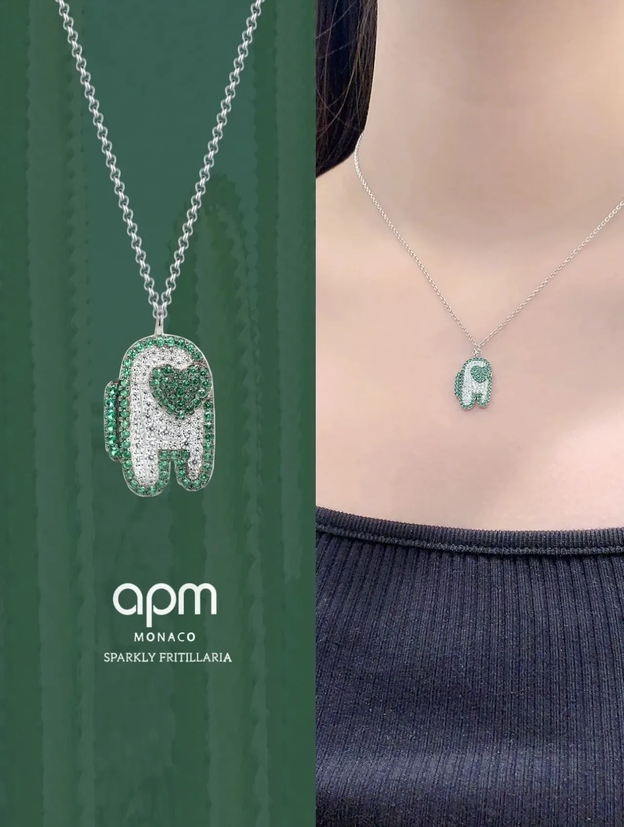 Green and White Pavé Stone Pendant Necklace 2
