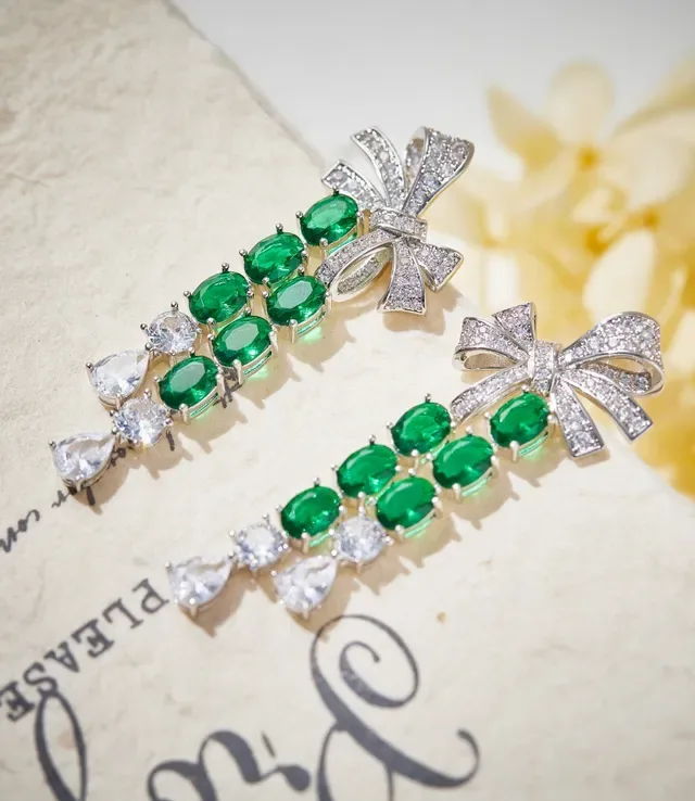 Green Silver Bow-Top Cascade Dangle Earrings 3