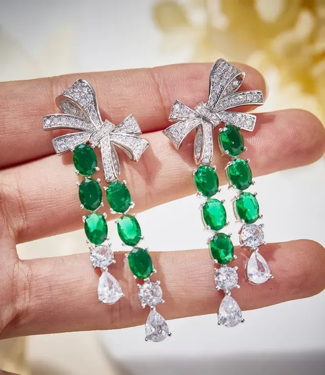 Green Silver Bow-Top Cascade Dangle Earrings 4