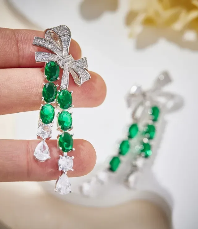 Green Silver Bow-Top Cascade Dangle Earrings 5