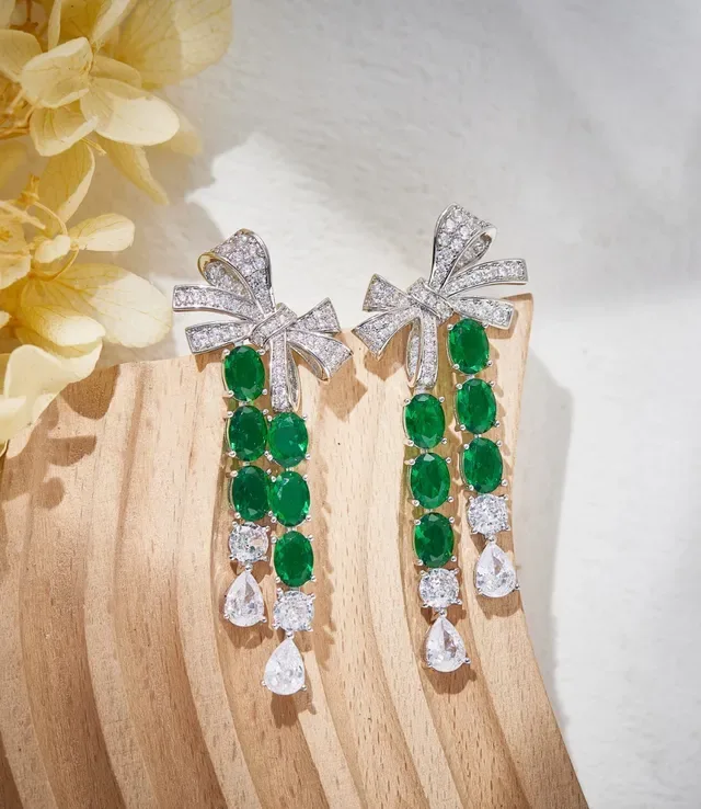 Green Silver Bow-Top Cascade Dangle Earrings 7