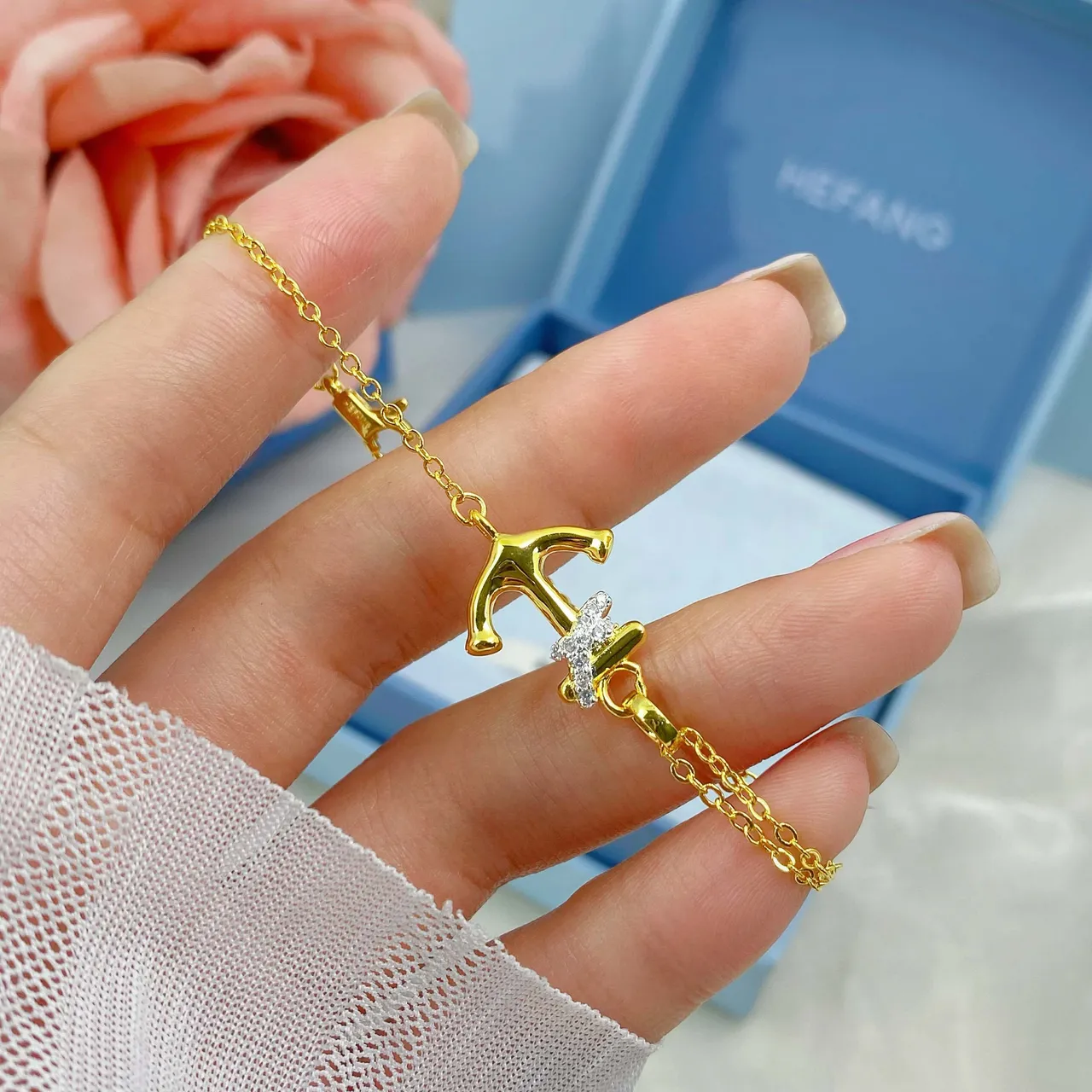 HEFANG Anchor Charm Gold Chain Bracelet 4