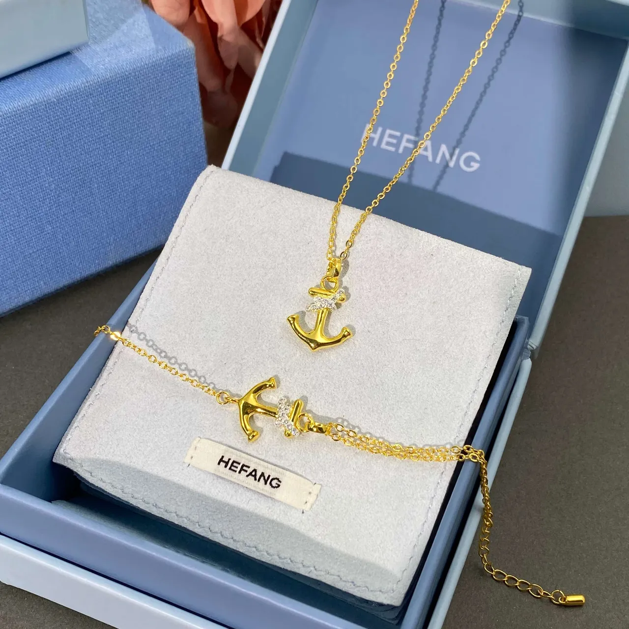 HEFANG Anchor Charm Gold Chain Bracelet 6