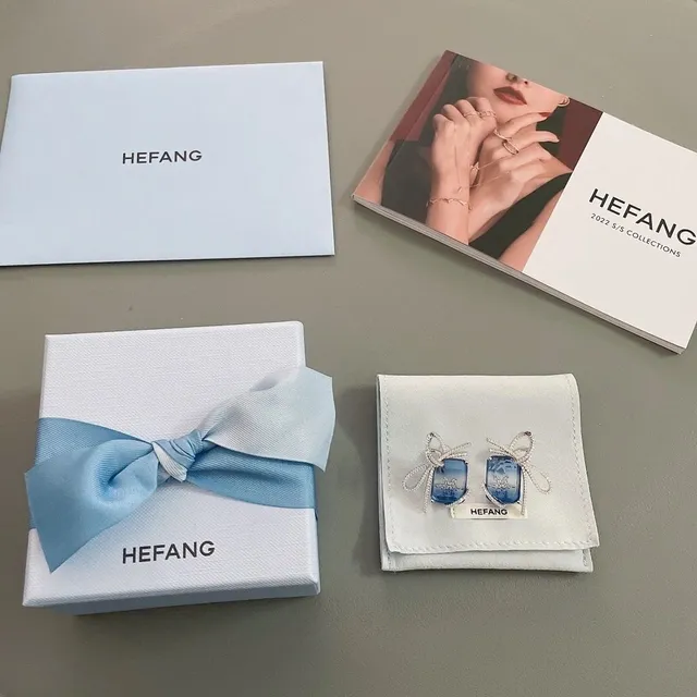 HEFANG Bow Motif Blue Stone Pavé Crystal Earrings 4