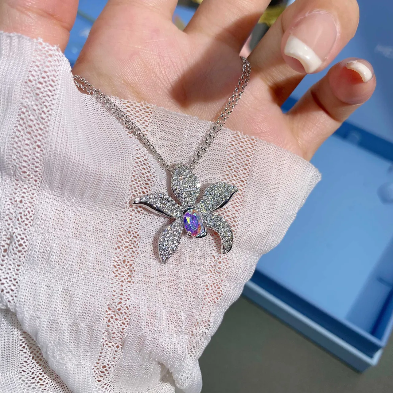 HEFANG Orchid Silver Multicolor Floral Pavé-Set Petals Necklace 4