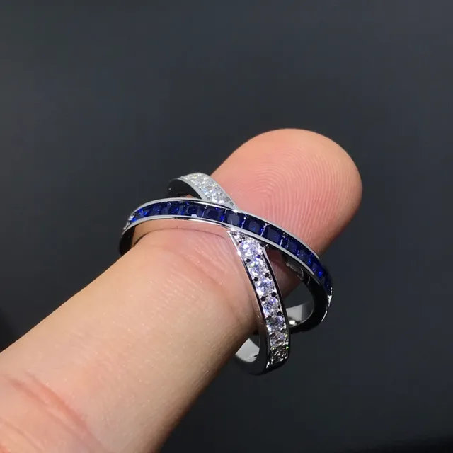 Interlocking Double-Band Blue Sapphire and Diamond Ring 4
