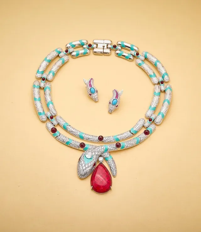 Multi-Strand Pavé-Set Turquoise and Red Gemstone Serpent Pendant Necklace 5