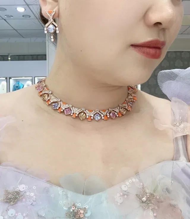 Multicolor Gemstone and Diamond Geometric Collar Necklace 2