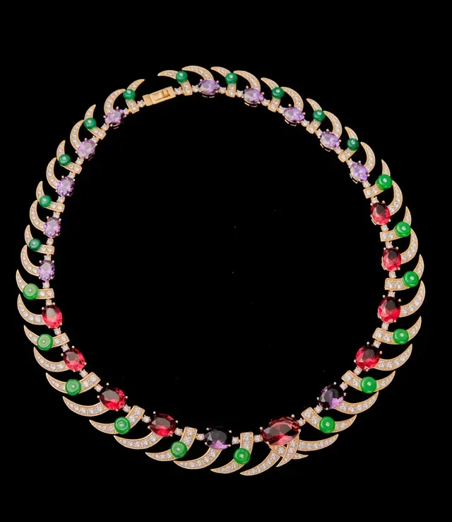 Multicolor Gemstone Crescent Motif Collar Necklace 1