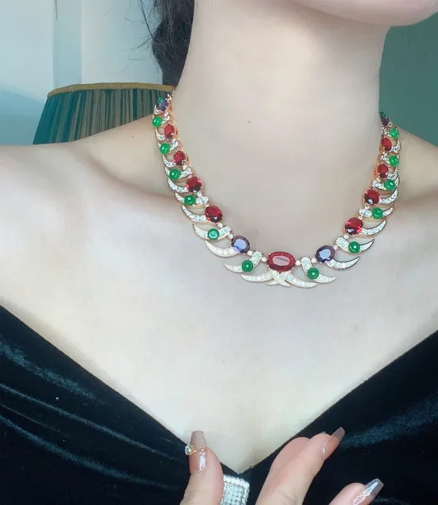 Multicolor Gemstone Crescent Motif Collar Necklace 5