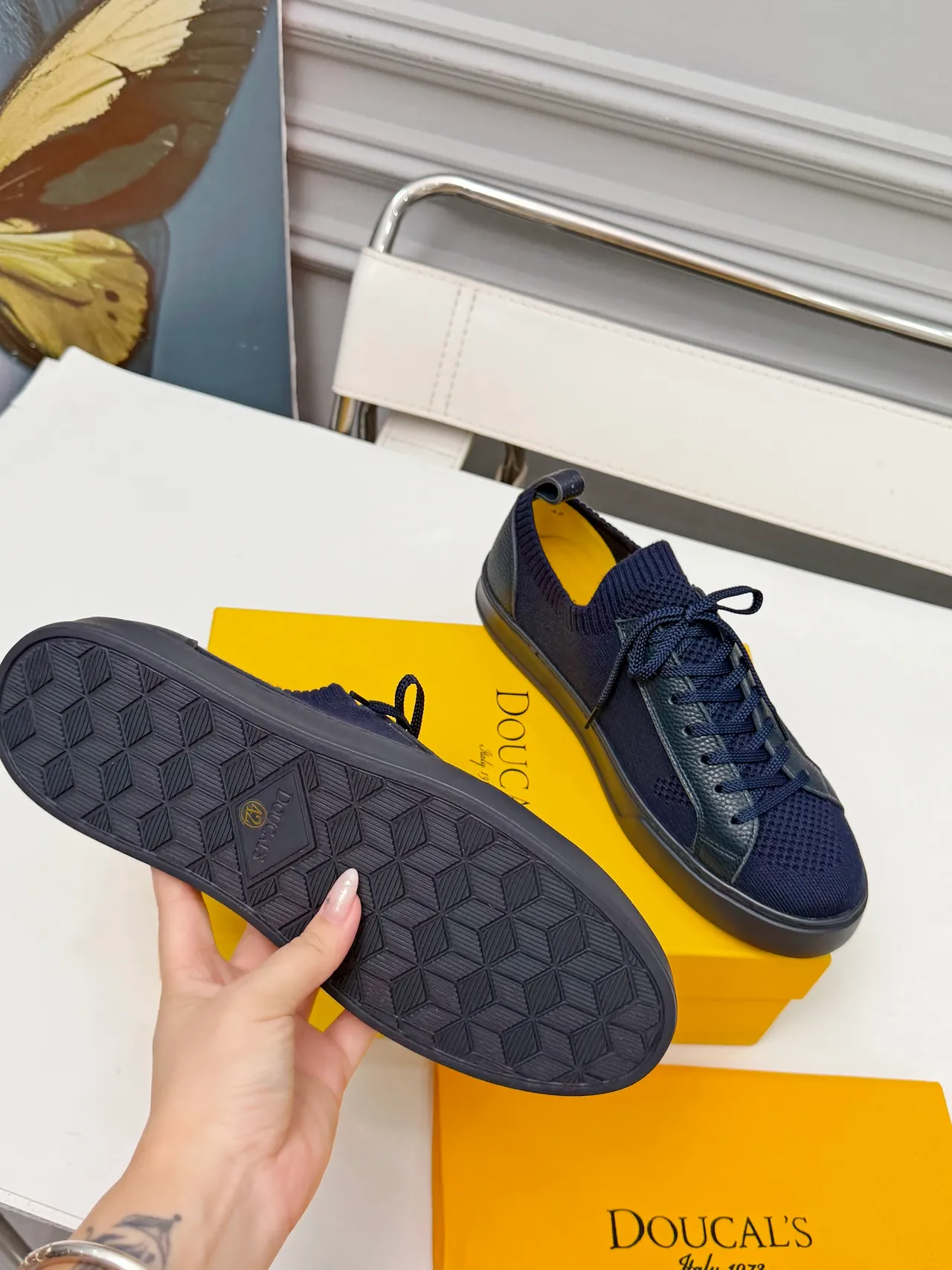 Navy Black Knit Upper Leather Overlays Sneakers 2