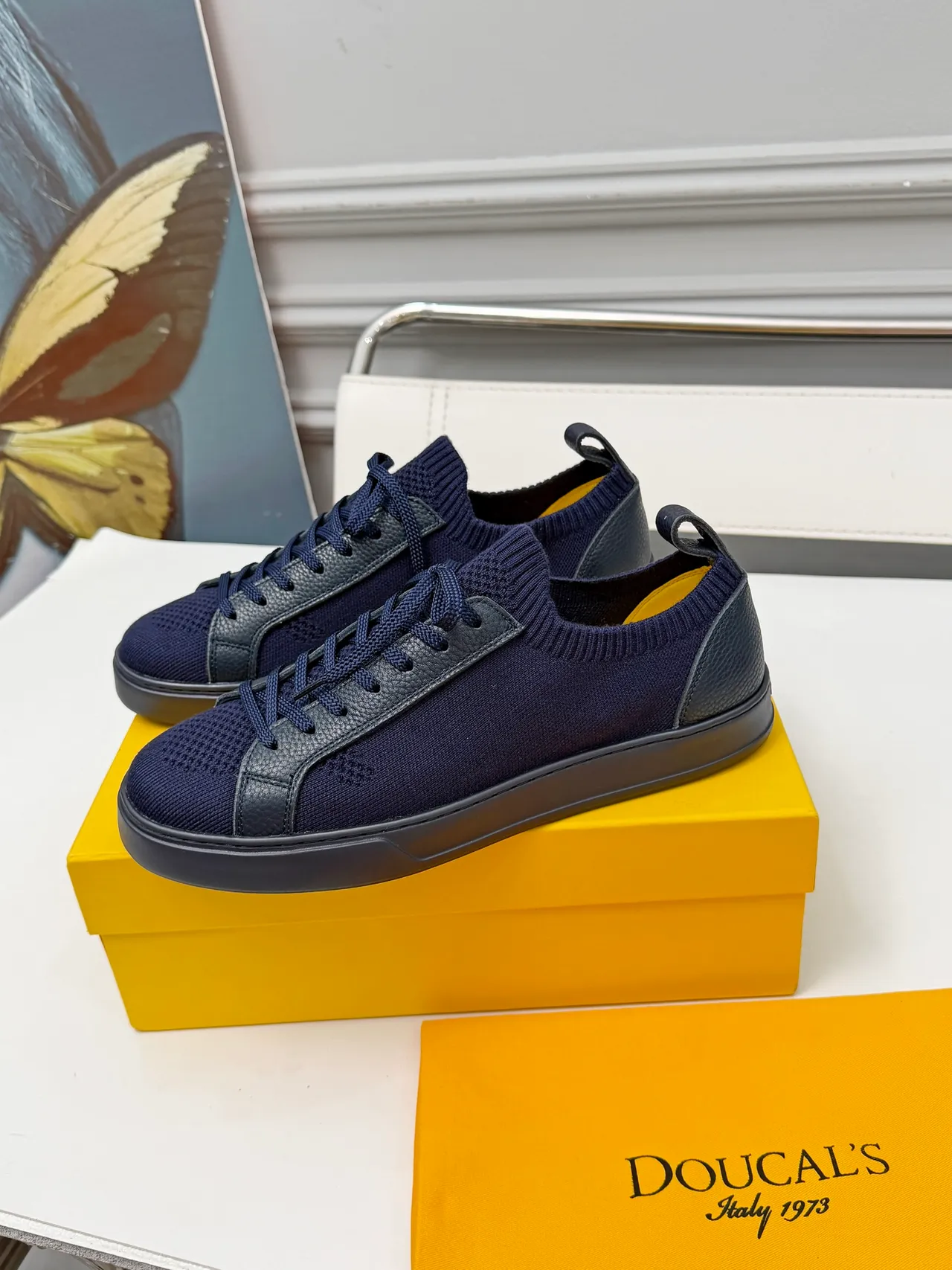 Navy Black Knit Upper Leather Overlays Sneakers 4