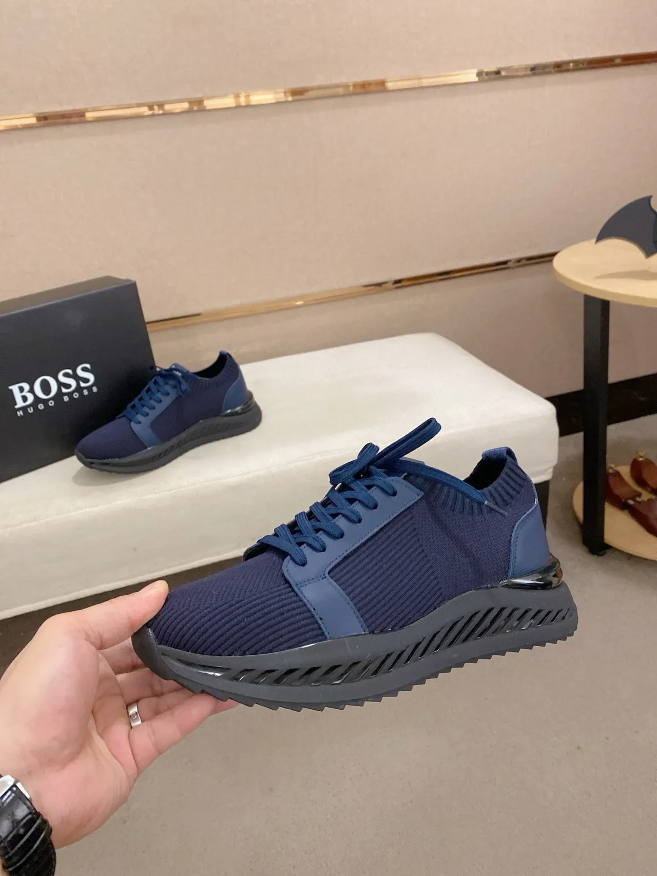 Navy Black Knit Upper Ribbed Collar Sneakers 5