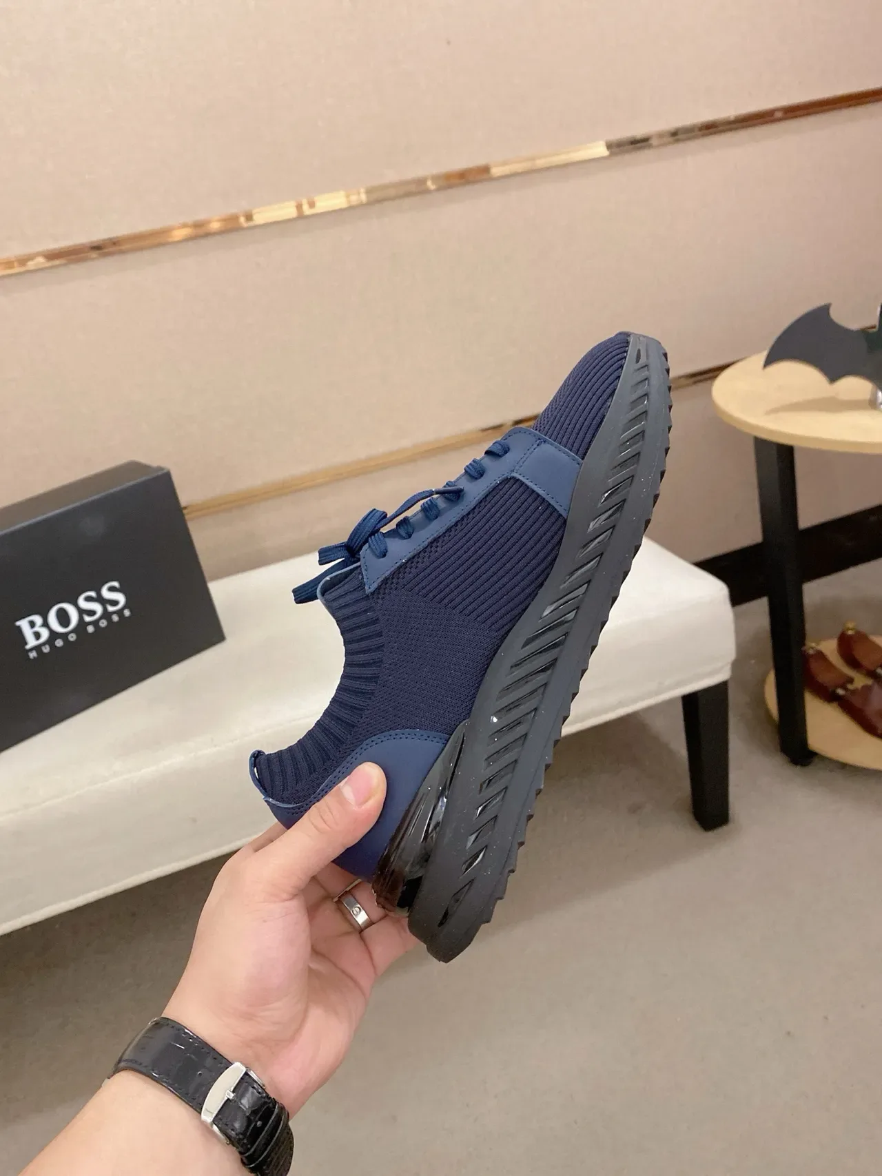 Navy Black Knit Upper Ribbed Collar Sneakers 9