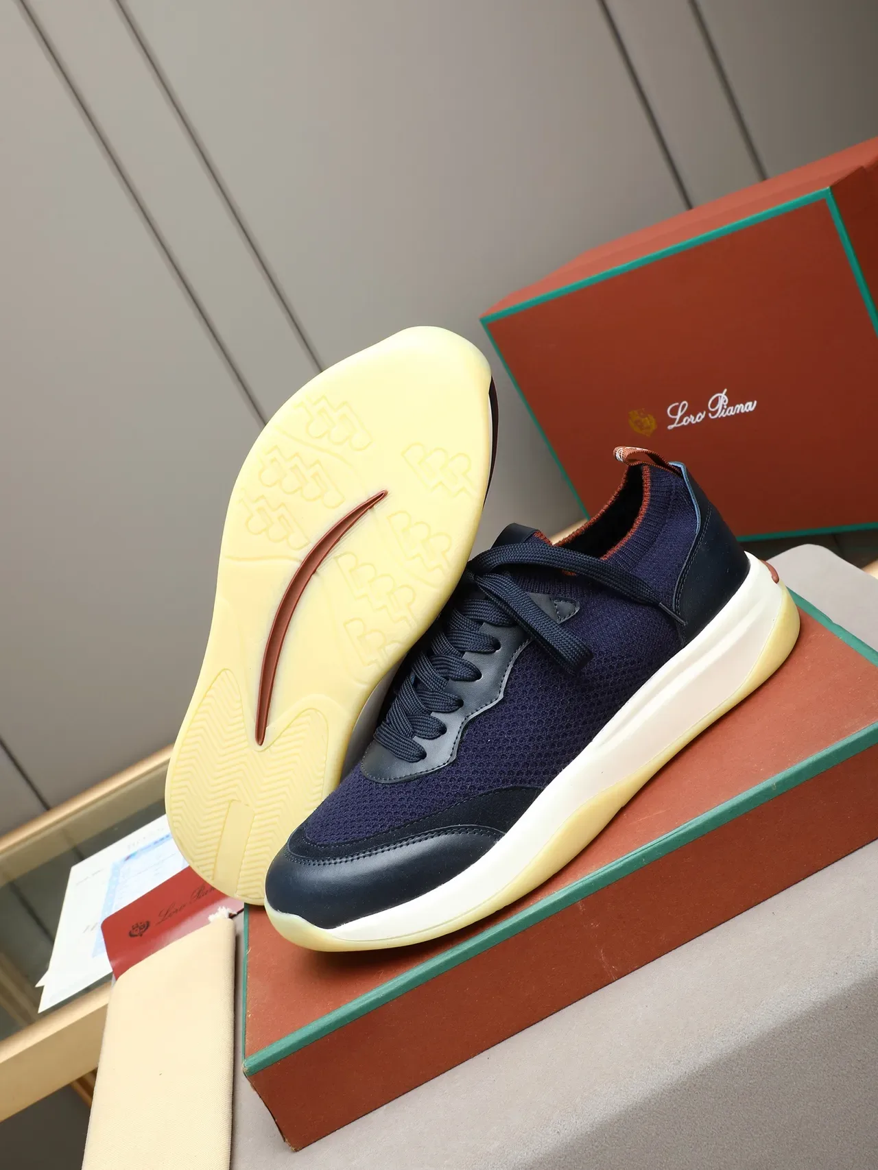 Navy Knit and Leather Platform Sneaker 5
