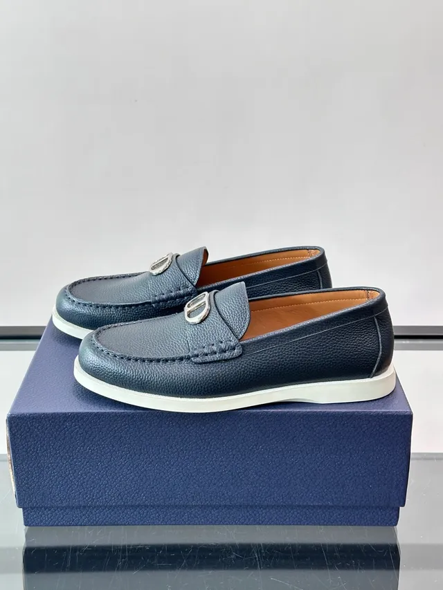 Navy White Pebbled Leather Horsebit Buckle Loafer 5