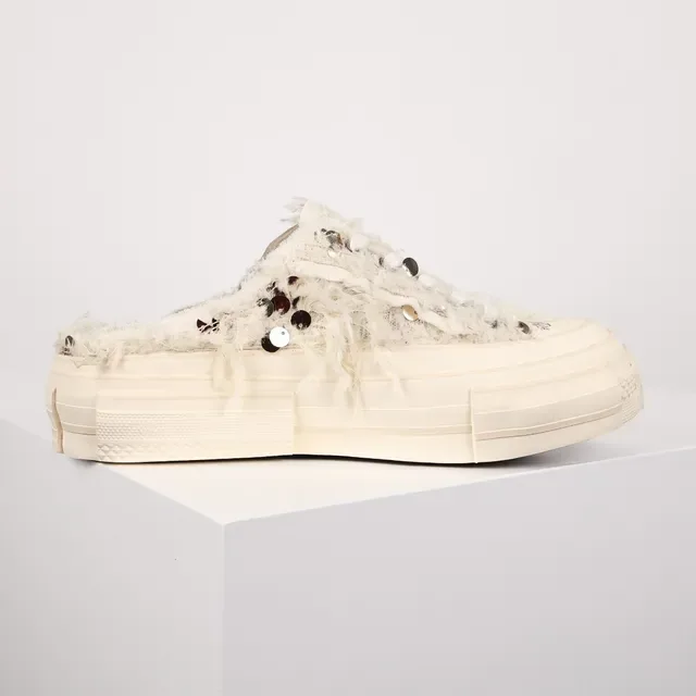 Off-White Zapatos Casuales de Tejido Deshilachados Sin Talón Plataforma Slip-On 7