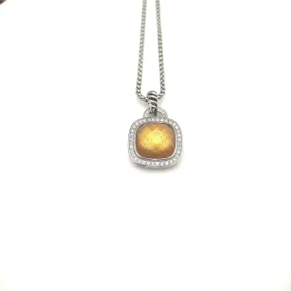 Collier avec pendentif diamant Pavé avec halo, couleur orange et argent, coupe de coussin