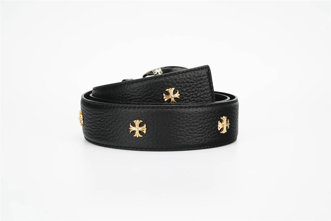 Ornate Lion-Head Buckle Black Pebbled Leather Belt 2