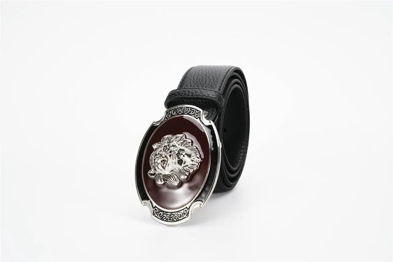 Ornate Lion-Head Buckle Black Pebbled Leather Belt 5
