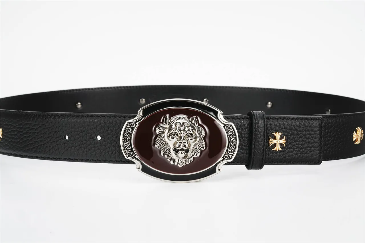 Ornate Lion-Head Buckle Black Pebbled Leather Belt 7