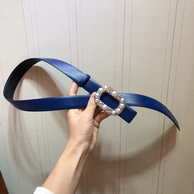 Ornate Pearl and Crystal Buckle Blue Leather Belt 5
