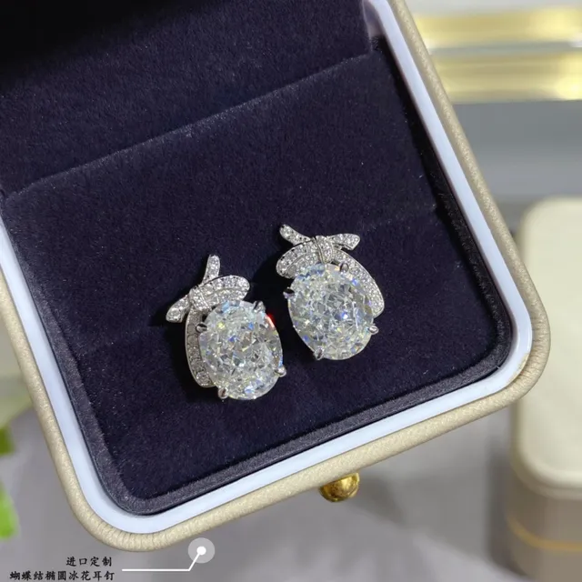 Oval Blue Stone Pavé Bow Motif Stud Earrings 2
