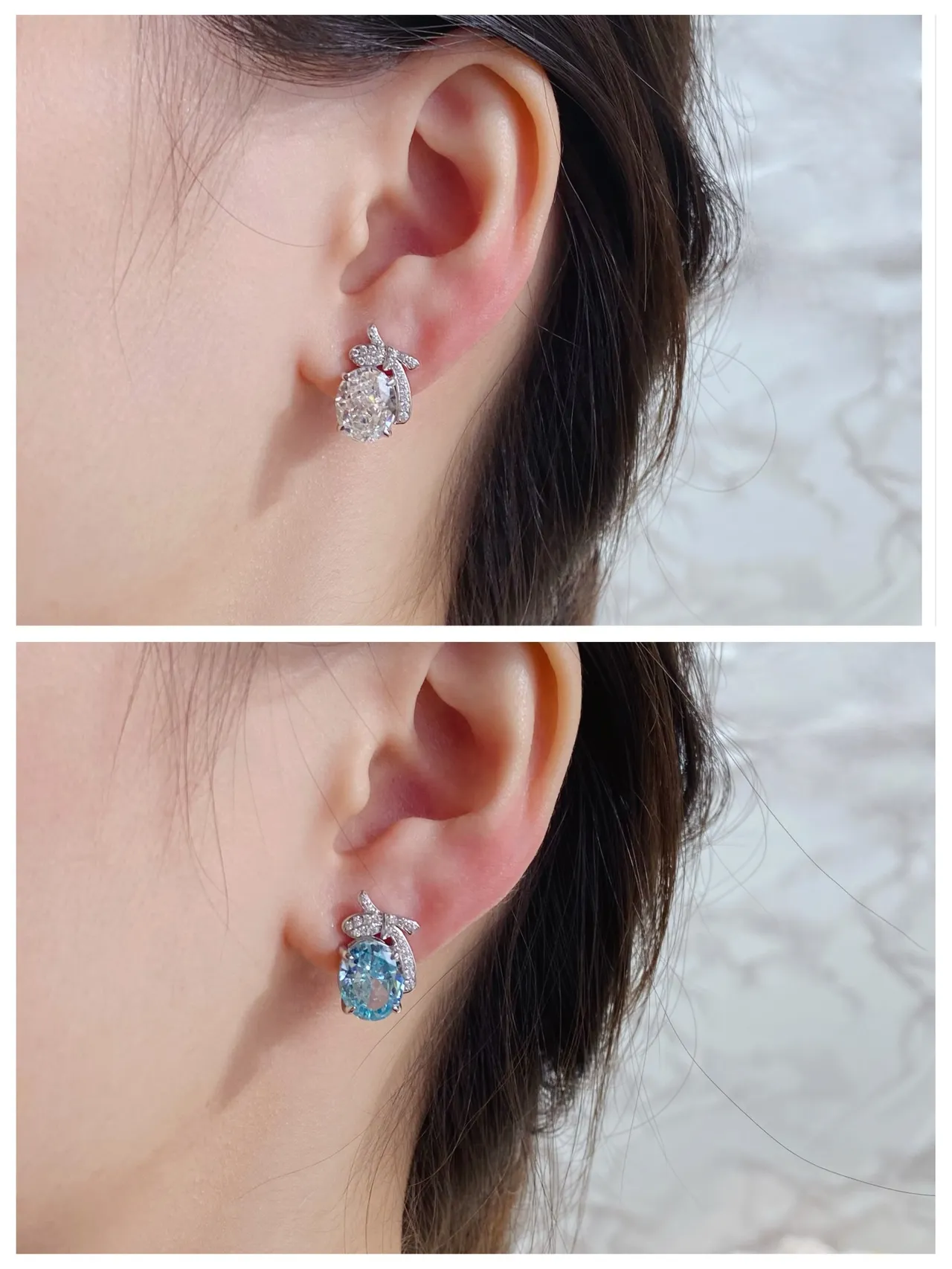 Oval Blue Stone Pavé Bow Motif Stud Earrings 9