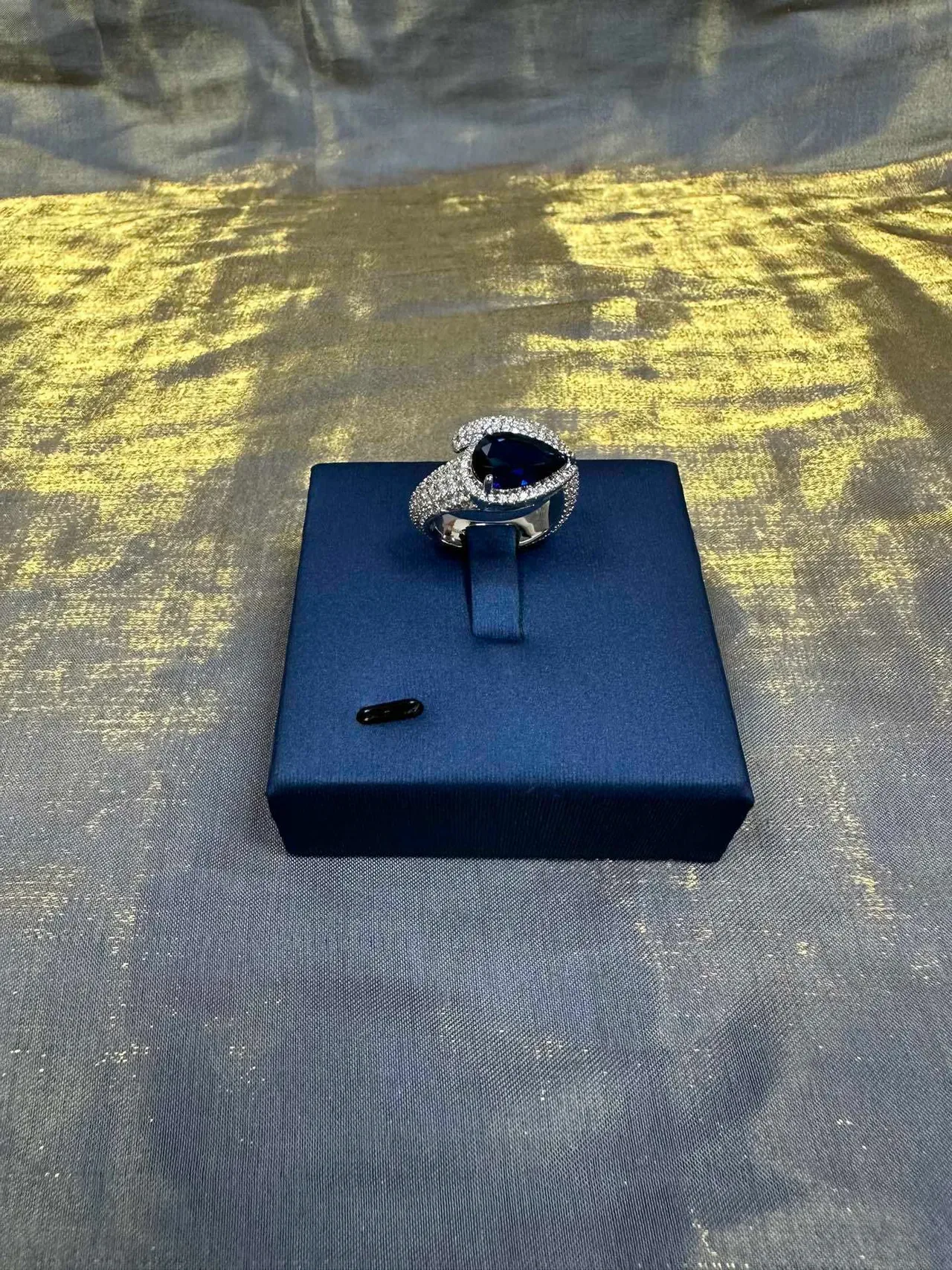 Pear-Shaped Blue Gemstone Pavé Halo Statement Ring 9