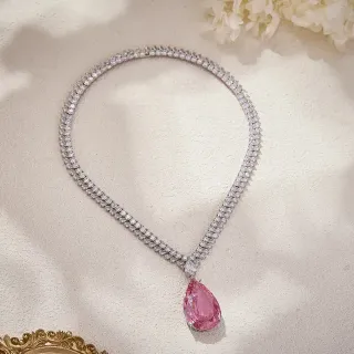 Collier Chaîne Multi-Rangs Pave-Set Pendentif Poire Rose Argent