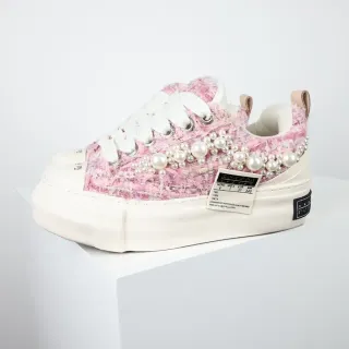 Pink Tweed Pearl-Embellished Platform Sneaker