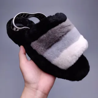 毛绒色块仿毛皮拖鞋