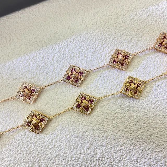 Bracelete Corrente Ouro Roxo Charms Florais Esmaltados 2