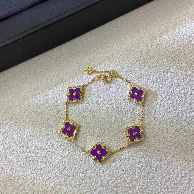 Bracelete Corrente Ouro Roxo Charms Florais Esmaltados 3