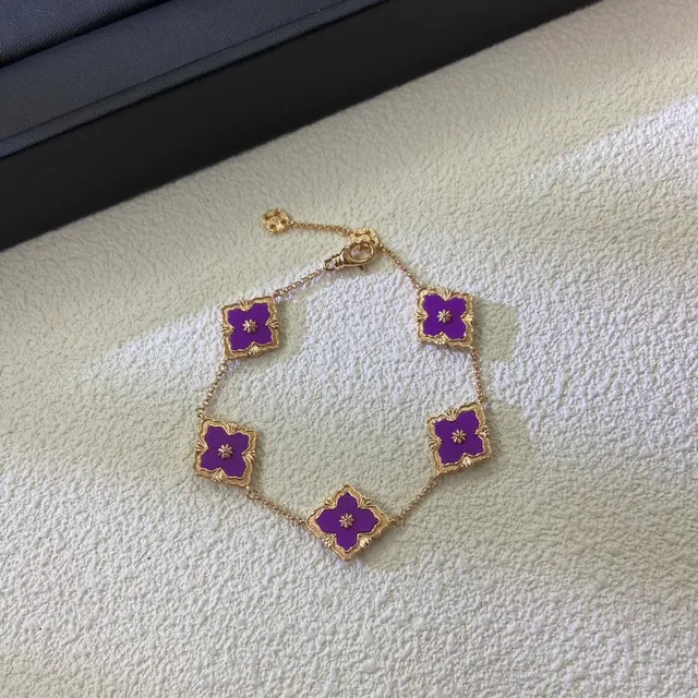 Bracelete Corrente Ouro Roxo Charms Florais Esmaltados 4