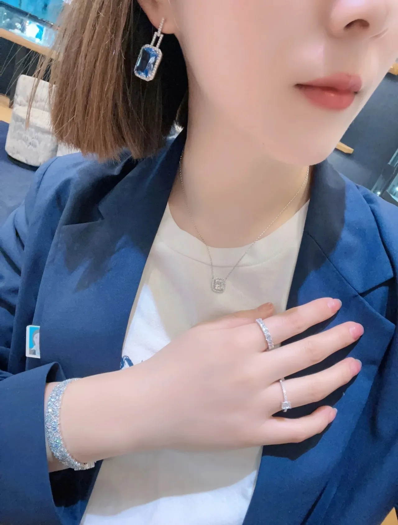 Rectangular Blue Gemstone Pavé Halo Dangling Earrings 2