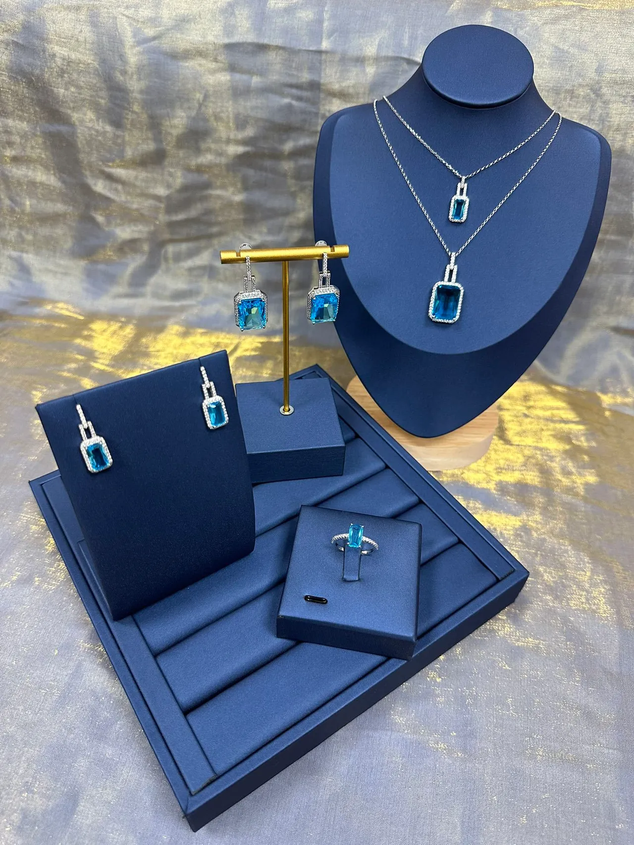 Rectangular Blue Gemstone Pavé Halo Dangling Earrings 5