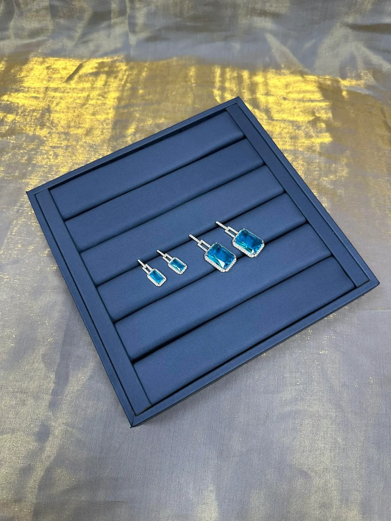 Rectangular Blue Gemstone Pavé Halo Dangling Earrings 8