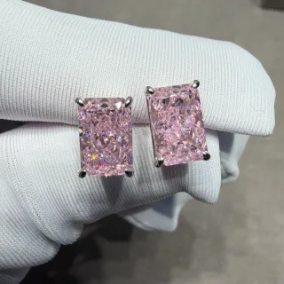 Brincos aretes retangulares com garras gemas faceteadas rosas