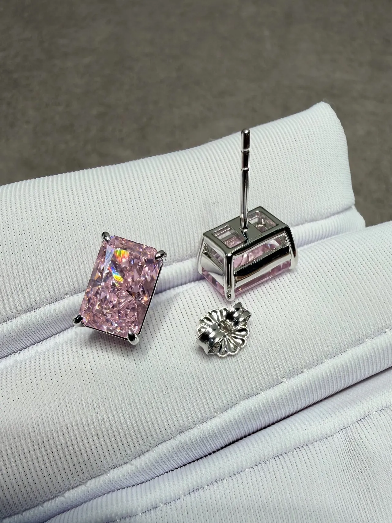 Rectangular Prong-Set Pink Faceted Gemstone Stud Earrings 7