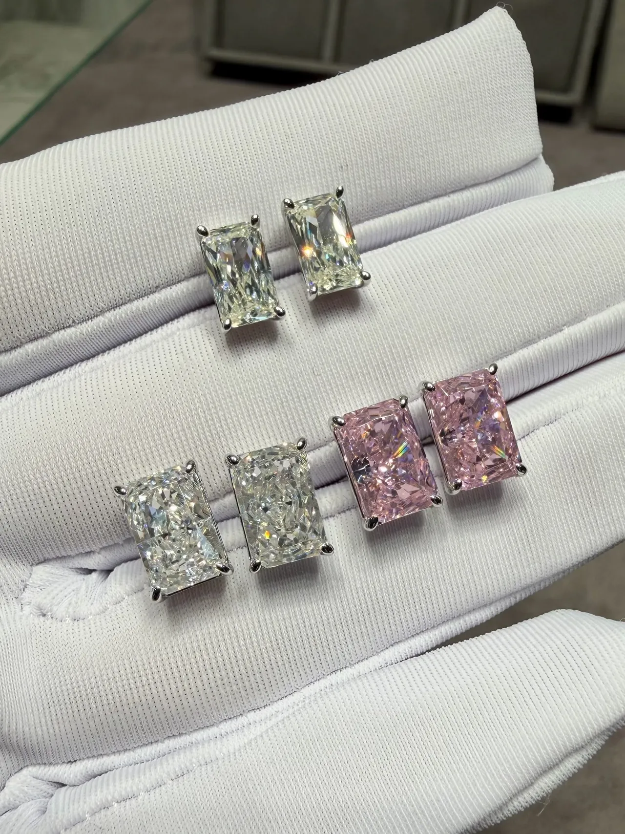 Rectangular Prong-Set Pink Faceted Gemstone Stud Earrings 8