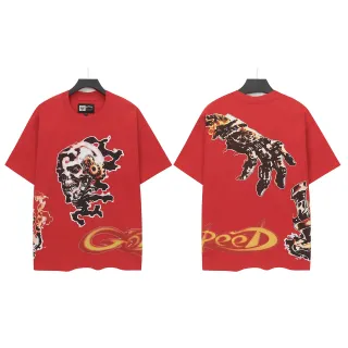 Camiseta oversize roja con gráfico de calavera y mano esquelética