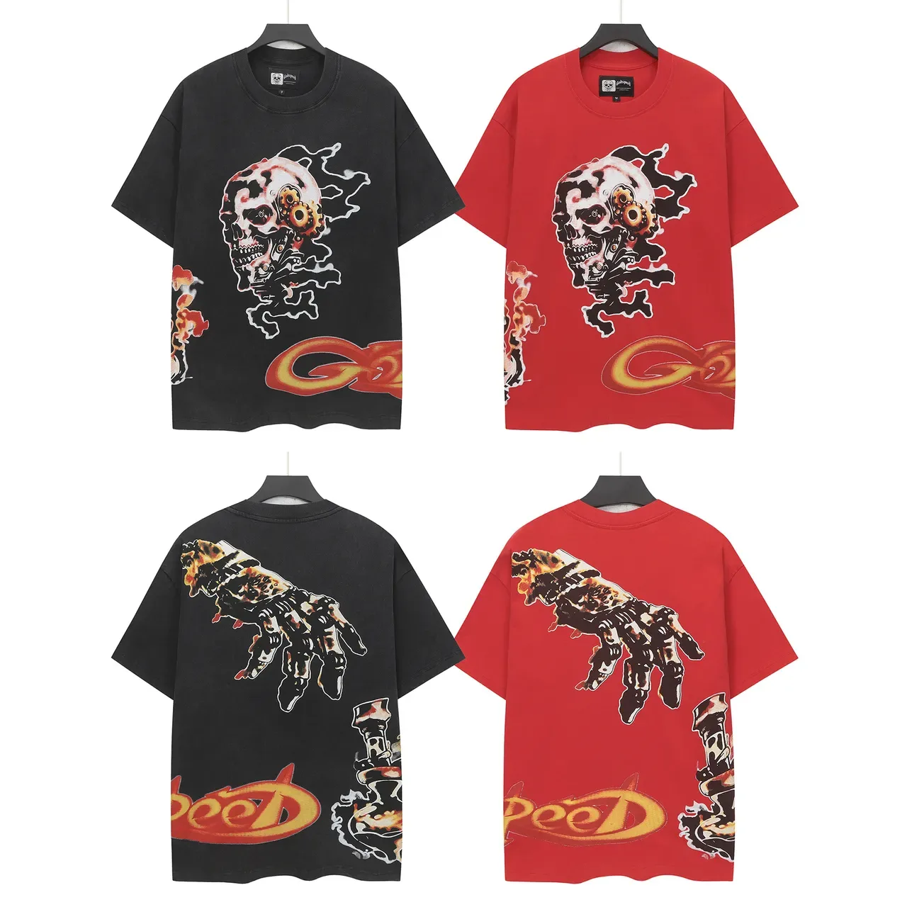 Red Graphic Skull and Skeletal Hand Oversized T-Shirt 4