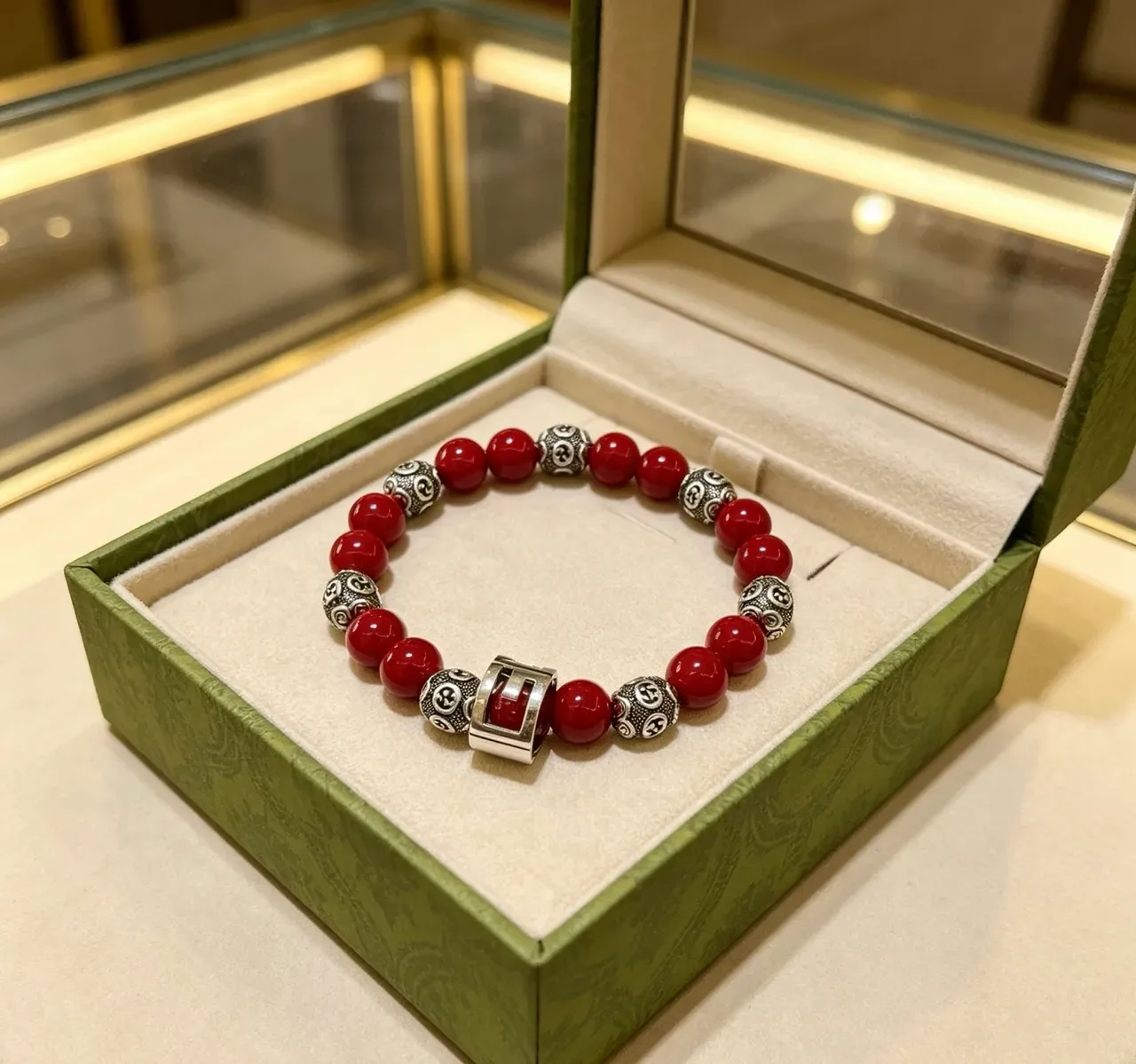 Red Silver Beaded Glossy Agate-Style Bracelet 6
