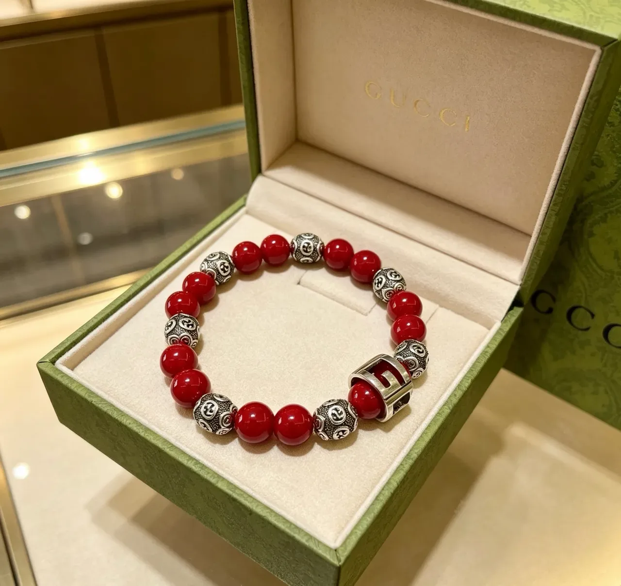 Red Silver Beaded Glossy Agate-Style Bracelet 9