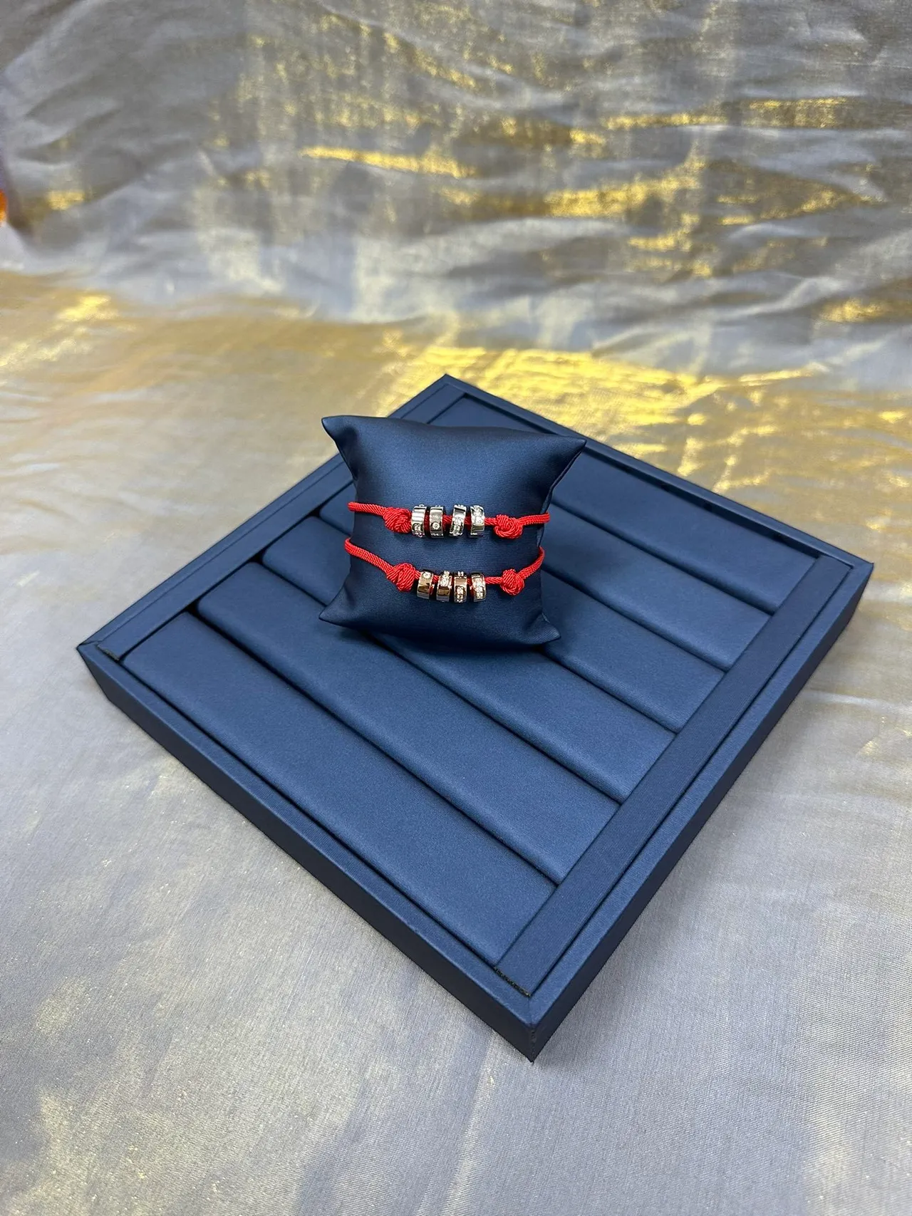 Red Silver Cord Four Cylindrical Metallic Beads Bracelet 9