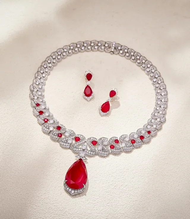 Red Teardrop Gemstone and Pavé Diamond Drop Earrings 2