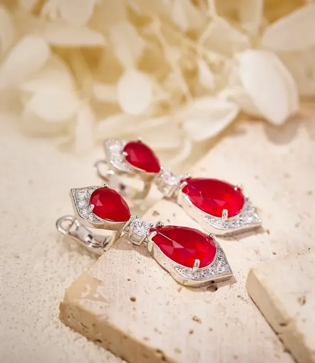Red Teardrop Gemstone and Pavé Diamond Drop Earrings 3