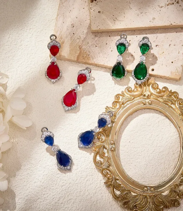 Red Teardrop Gemstone and Pavé Diamond Drop Earrings 5