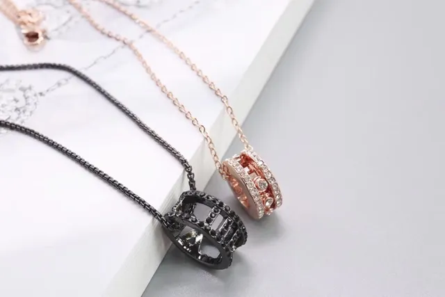 Rose Gold and Black Pavé Crystal Stacked Bezel Pendant Necklaces 2